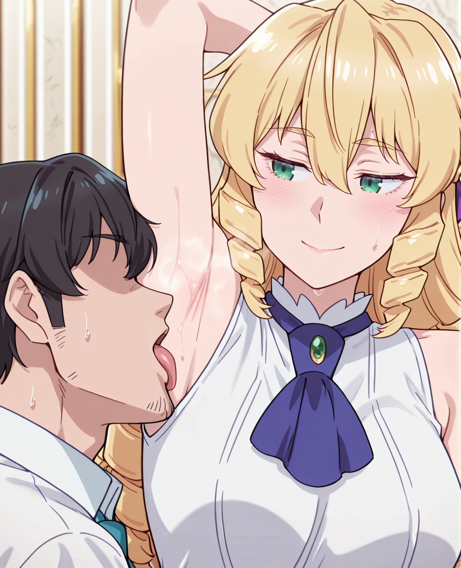 masterpiece, best quality, newest, absurdres, highres, detailed eyes, beautiful, detailed background, perfect eyes, anime coloring, anime screencap,
<lora:Armpit_sex:1>Armpit_se0xV1, 
arm up, licking armpit, steam, sweatdrop, sweat, 
licking, armpits, tongue, tongue out, blush, 
1girl, 1boy, hetero,looking away,hot, cuddling, 
BREAK
 1girl, looking at viewer, gradient background,  light smile,  grace auvergne (akuyaku reijou tensei ojisan), long hair, blonde hair, drill hair, braid, hair ribbon, hair between eyes, green eyes, school uniform, white shirt blue ascot, jewelry, <lora:grace_auvergne-akuyaku_reijou_tensei_ojisan_s1_v2-ixl-anime-soralz:1>
 sleeveless, 
BREAK
Beard, Goatee, faceless male, fat,ugly,old,