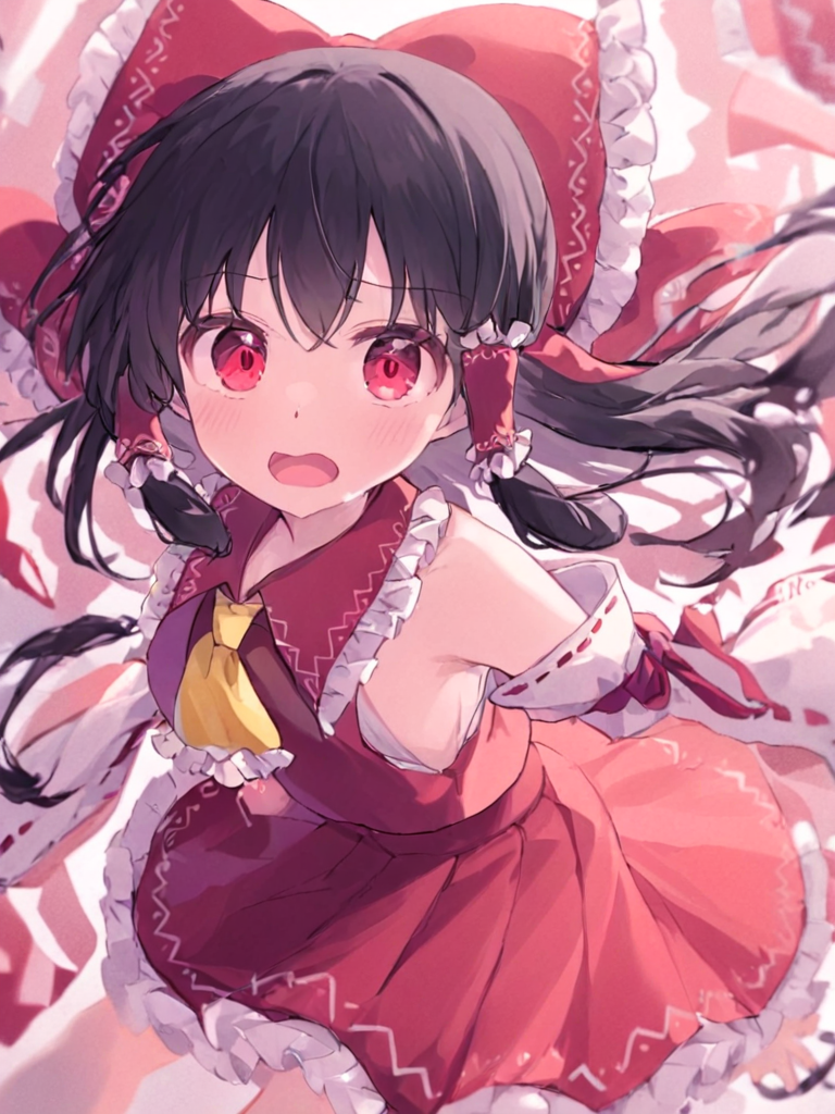 <lora:åä¸½çµæ¢¦:1>,1girl, hakurei_reimu, solo, red_eyes, bow, detached_sleeves, ascot, hair_bow, red_bow, hair_tubes, ribbon_trim, long_hair, ribbon-trimmed_sleeves, skirt, red_skirt, black_hair, yellow_ascot, looking_at_viewer, open_mouth, frills, bare_shoulders, frilled_bow, :o, bangs, red_vest, sidelocks, frilled_hair_tubes, skirt_set, nontraditional_miko, wide_sleeves, shirt
