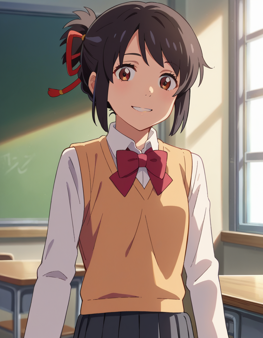 score_9, score_8_up, score_7_up, source_anime,
mitsuhamiyamizu, <lora:mitsuha-miyamizu-ponyxl-lora-nochekaiser:1>,
mitsuha miyamizu, black hair, brown eyes, smile,
short hair, bow, ribbon, hair bun, school uniform, hair ribbon, bowtie, red ribbon, sweater vest, light brown sweater, shirt, white shirt, collared shirt, long sleeves, skirt, black skirt, pleated skirt,
indoors, classroom,
looking at viewer, dutch angle, cowboy shot,