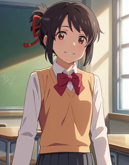 score_9, score_8_up, score_7_up, source_anime,
mitsuhamiyamizu, <lora:mitsuha-miyamizu-ponyxl-lora-nochekaiser:1>,
mitsuha miyamizu, black hair, brown eyes, smile,
short hair, bow, ribbon, hair bun, school uniform, hair ribbon, bowtie, red ribbon, sweater vest, light brown sweater, shirt, white shirt, collared shirt, long sleeves, skirt, black skirt, pleated skirt,
indoors, classroom,
looking at viewer, dutch angle, cowboy shot,