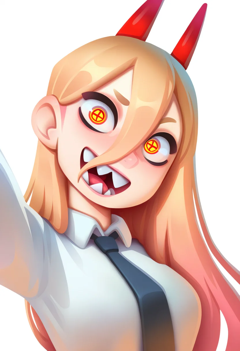 best quality, amazing quality, very aesthetic, absurdres,
BREAK
1girl, power \(chainsaw man\), pink hair, blonde hair, red horns, red eyes, cross-shaped pupils, long hair, sharp teeth, hair between eyes, symbol-shaped pupils,
collared shirt, black necktie, long sleeves,
looking at viewer, white shirt, open mouth,
simple background, white background, smile, upper body, <lora:TomacoSunderlandNoobLocon_byKonan:1>