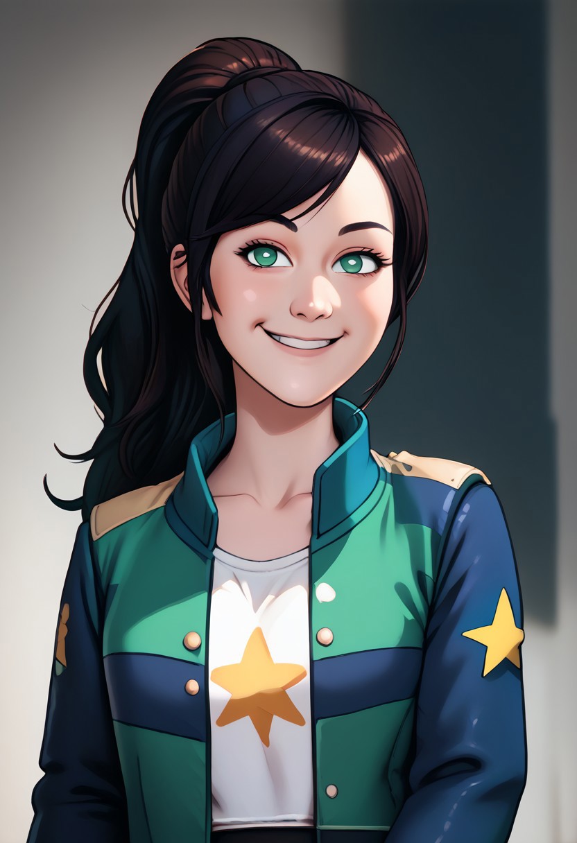 score_9, score_8_up, score_7_up, score_6_up, PRSNL_3_1,  uncensored, pupils black dots, realistic,
warm light, upper body,
hammiekyuranger,
solo, 1girl, jacket, black hair, pantyhose, smile, brown hair, long hair, ponytail, green eyes, floral print, star (symbol) skirt,
