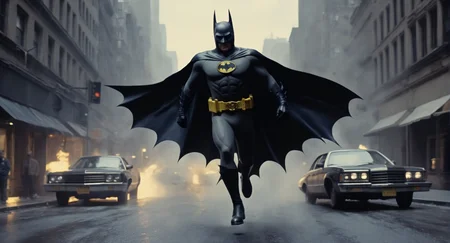 concept art of Cinematic Film stock footage in (arri alexa style) Kodak film print, <lora:batman 1989:1> batman 1989 a man in a batman costume chasing a man in a hat, digital artwork, illustrative, painterly, matte painting, highly detailed