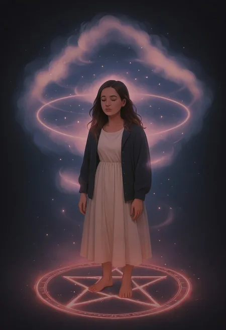 (score_9, score_8, score_7), masterwork, masterpiece, best quality,magicaura, 1girl, standing inside glowing pentagram circle, surrounded by spiraling magical aura, glowing particles, soft lighting, magical transformation effect, soft pastel tones