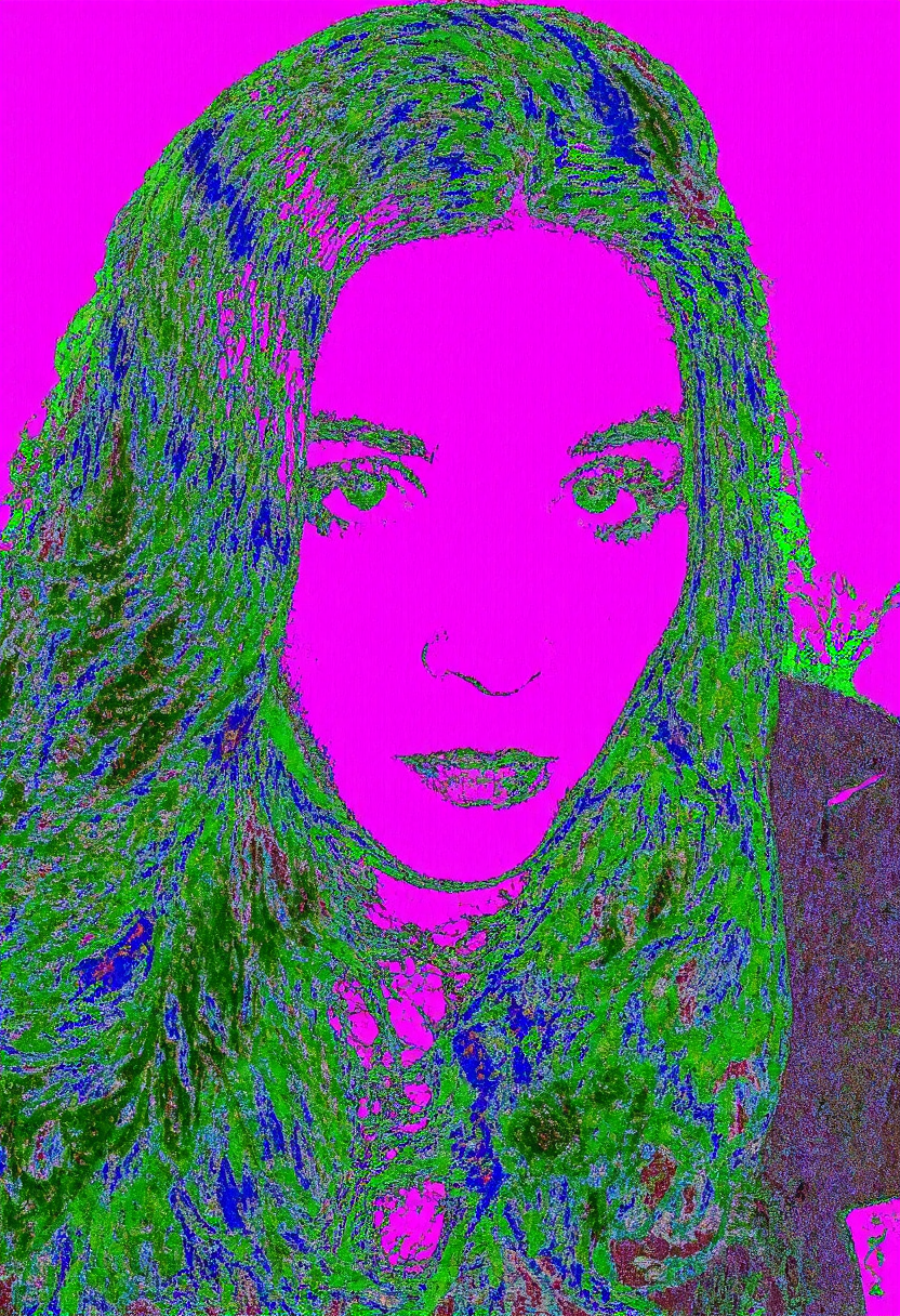 Circuit-bent/glitch art photograph showing close-up of a woman's face with long hair, neutral expression, head-on pose, bright magenta background, extreme distortion effects, neon green and blue color shifts, intricate patterned glitches, noticeable digital corruption level, 