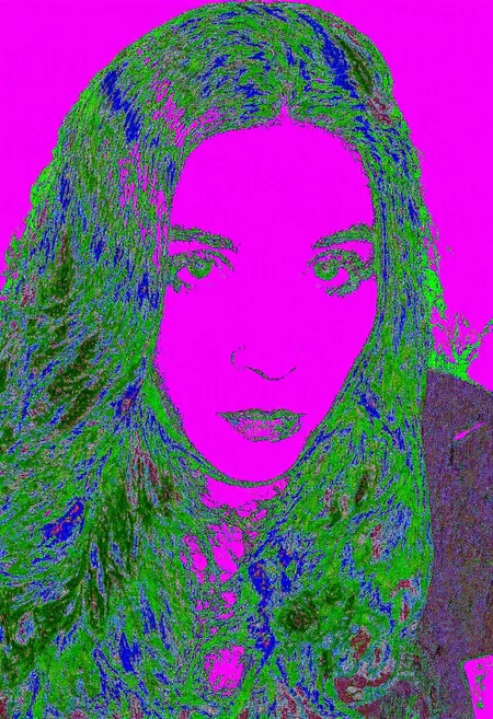Circuit-bent/glitch art photograph showing close-up of a woman's face with long hair, neutral expression, head-on pose, bright magenta background, extreme distortion effects, neon green and blue color shifts, intricate patterned glitches, noticeable digital corruption level, 