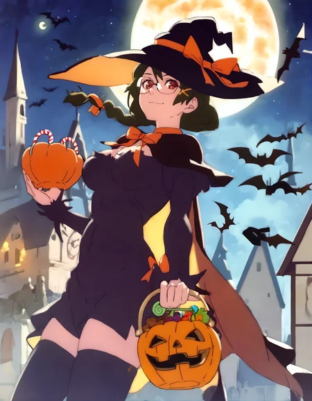 <lora:pony_xl_hanekawa>,hanekawa,score_9,score_8_up,score_7_up,best quality,masterpiece,super fine illustration,source_anime,1girl,solo,eyewear,halloween costume,happy halloween,halloween,trick or treat,witch,pumpkin hat,witch hat,food-themed hair ornament,pumpkin hair ornament,orange choker,cape,silk,orange ribbon,thighhighs,swirl lollipop,black legwear,jack-o'-lantern,basket,holding lantern,halloween bucket,holding vegetable,sweets,candy,candy cane,cookie,silhouette,bat,ghost,black cat,pumpkin,castle,pennant,clock tower,church,cross,graveyard,tombstone,coffin,town,gate,bare tree,spider web,night sky,full moon,moonlight,smile,close_mouth,:3,looking at viewer,