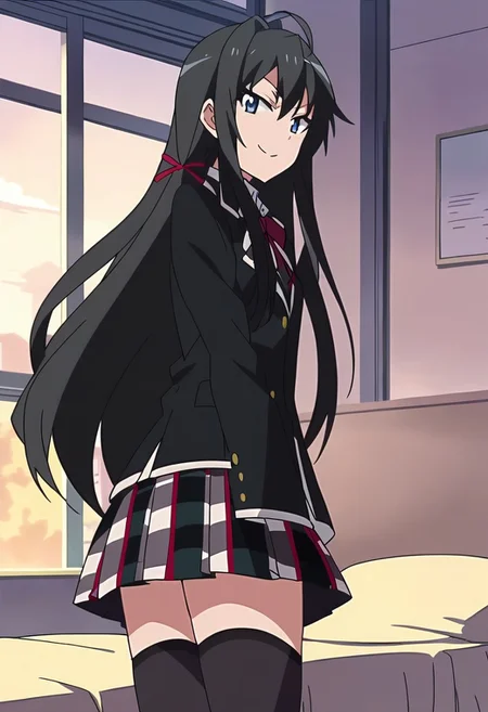 score_9, score_8_up, score_7_up, source_anime, anime screencap, anime coloring
BREAK
1girl, solo, shiyukino, long hair, black hair, blue eyes, ribbon, school uniform, hair ribbon, black jacket, plaid skirt, blazer, sobu high school uniform, black thighhighs, 
indoors, bed, looking at viewer, 
smile, evil smile, :p