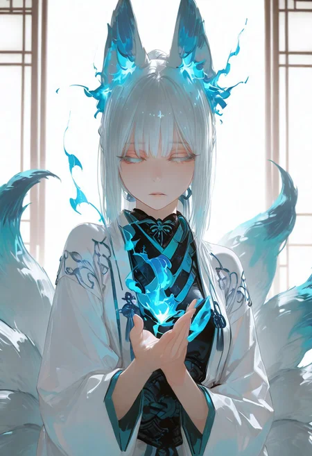masterpiece, best quality, good quality, newest, highres, absurdres, volumetric lighting,gradient color,
BREAK 
raytracing, volumetric lighting, ambient occlusion, girl, masterpiece, best quality, very awa, absurdres, 
BREAK
model style,
BREAK
masterpiece,amazing quality,best quality,ultra-detailed,8K,illustration,CG,shiny hair,clear skin,ultra-detailed-eyes, detailed background,cute girl, eyelashes, (wlop:0.3),  epic,
BREAK
Kitsune-tsuki, blue fire, magic, animal ears, multiple tails