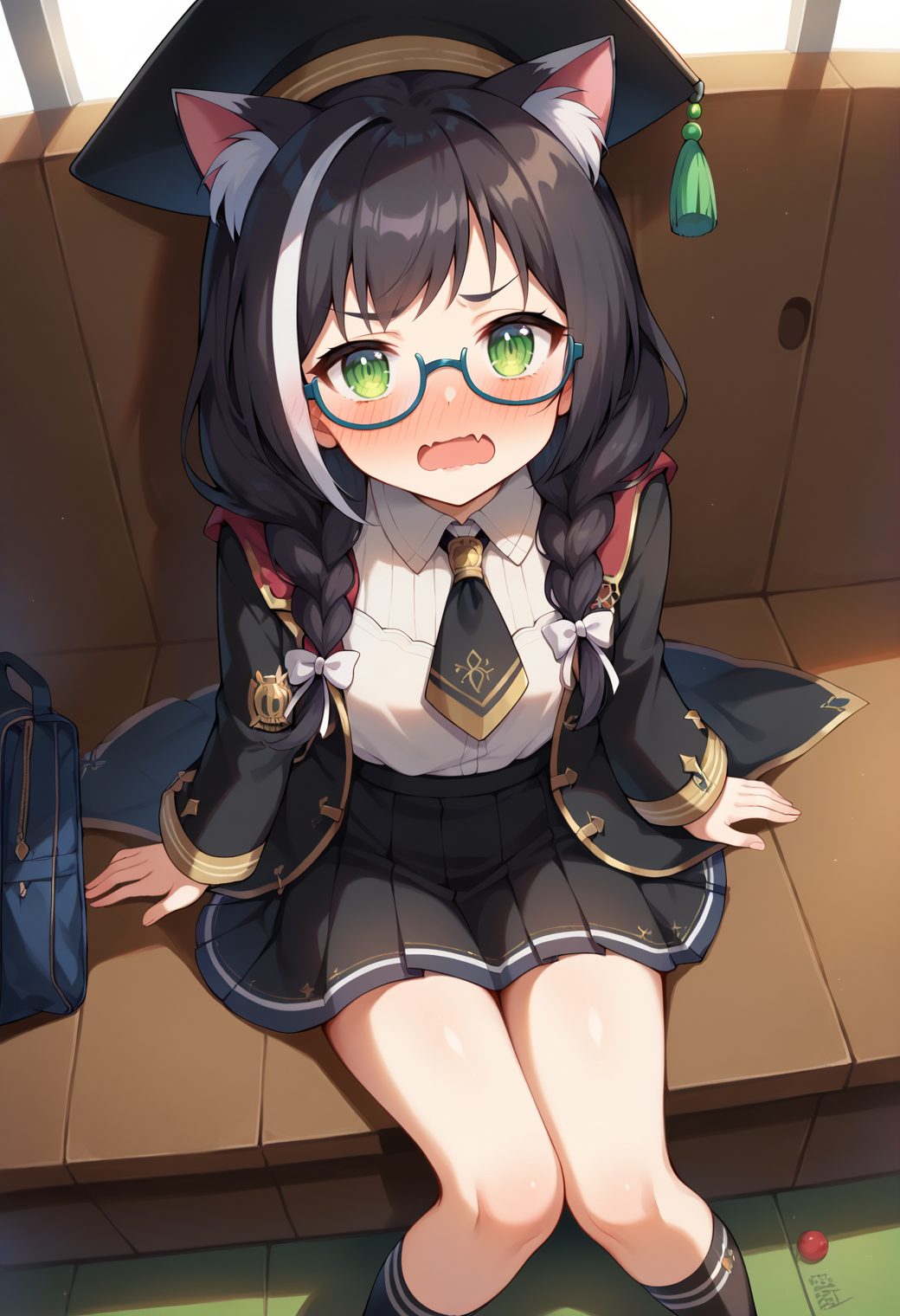 score_9, score_7_up, hd, (ultra hd quality details), source_anime, indoors,
solo, 1girl, kyarubase, streaked hair, cat ears, animal ear fluff, low twintails, cat tail,
calstudent, twin braids, hair ribbon, hat, glasses, white shirt, necktie, black skirt, black coat, black socks,
looking at viewer, blush, wavy mouth, open mouth, fang, embarrassed, 
sitting, from above, 
<lora:_karyl_elesico-pony-e19:0.9>