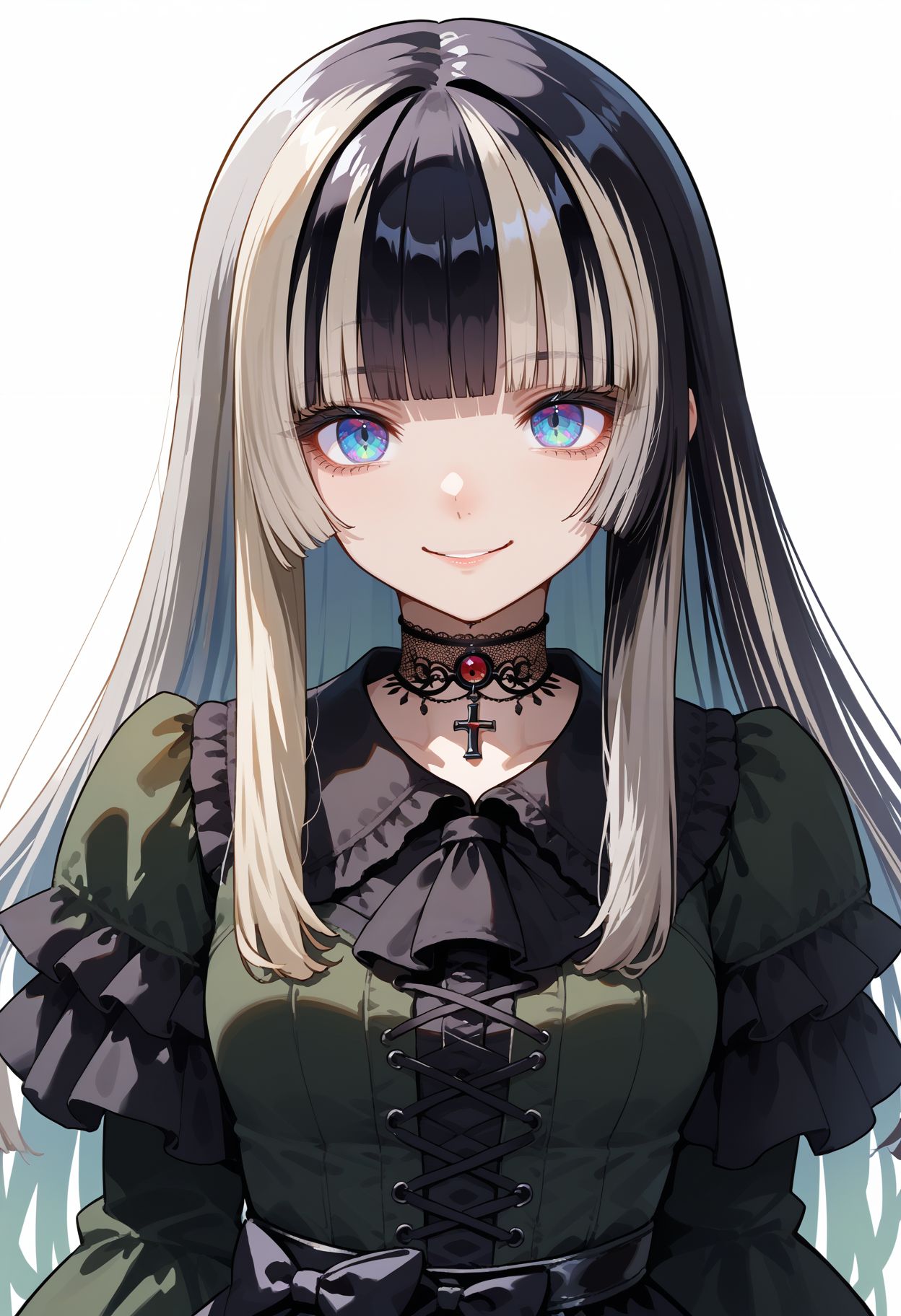 score_9,score_8_up,score_7_up, <lora:juufuutei_raden_hololive_pdxl_goofy:1>jufuraidendef, 1girl, multicolored hair, solo, long hair, choker, lace choker, dress, grey hair, blunt bangs, looking at viewer, white background, streaked hair, smile, gothic fashion, lace-trimmed choker, lace, simple background,  green dress, two-tone hair, frills, upper body, black choker, sidelocks, lace trim, black dress, hime cut, cross-laced clothes
