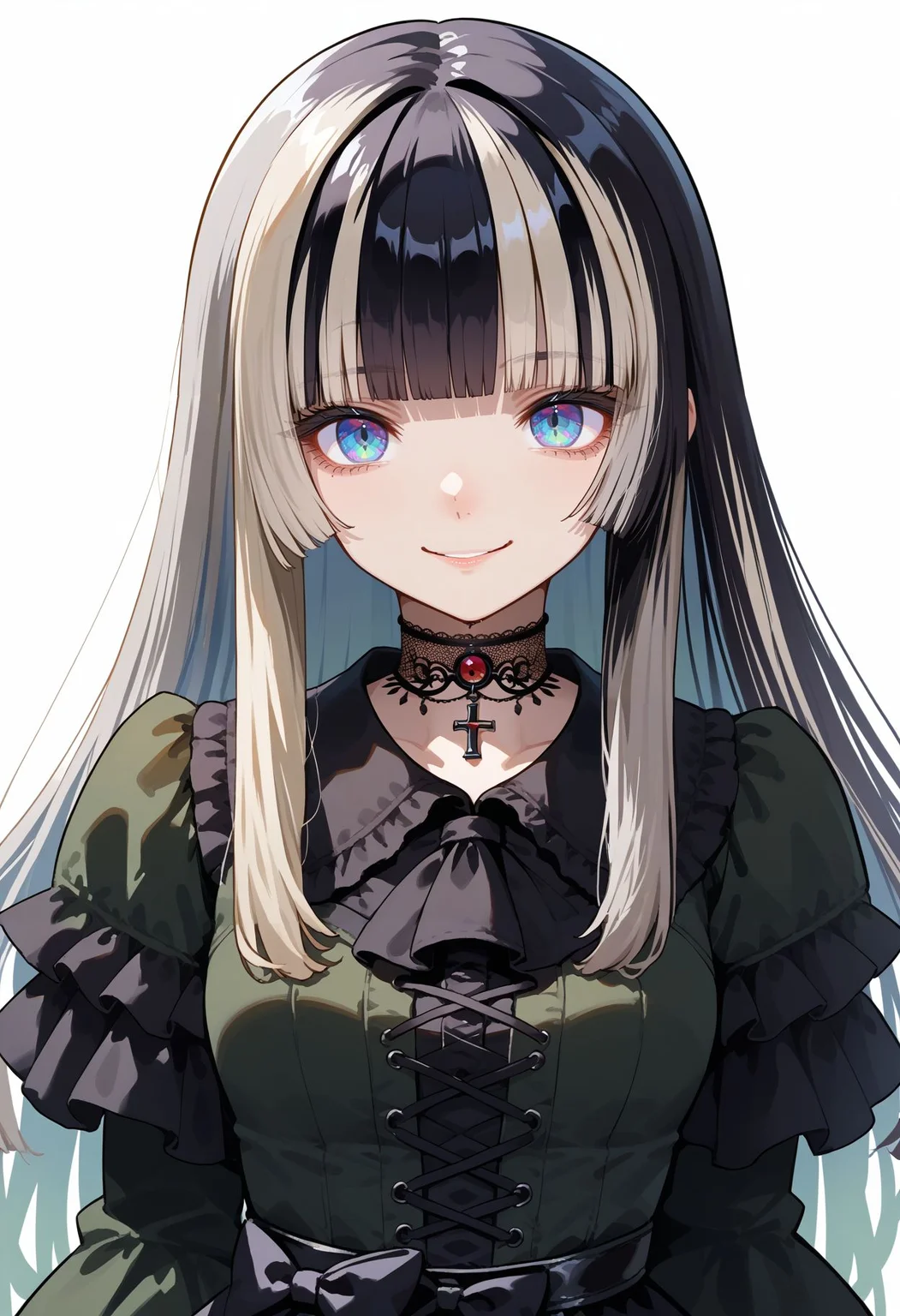 score_9,score_8_up,score_7_up, <lora:juufuutei_raden_hololive_pdxl_goofy:1>jufuraidendef, 1girl, multicolored hair, solo, long hair, choker, lace choker, dress, grey hair, blunt bangs, looking at viewer, white background, streaked hair, smile, gothic fashion, lace-trimmed choker, lace, simple background, green dress, two-tone hair, frills, upper body, black choker, sidelocks, lace trim, black dress, hime cut, cross-laced clothes