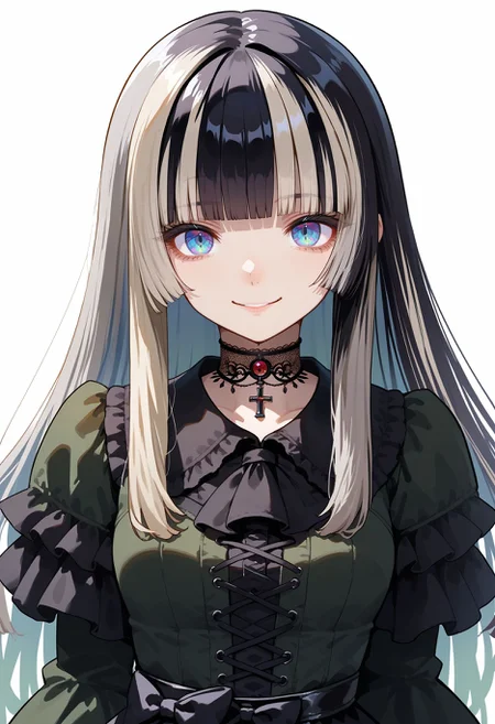 score_9,score_8_up,score_7_up, <lora:juufuutei_raden_hololive_pdxl_goofy:1>jufuraidendef, 1girl, multicolored hair, solo, long hair, choker, lace choker, dress, grey hair, blunt bangs, looking at viewer, white background, streaked hair, smile, gothic fashion, lace-trimmed choker, lace, simple background,  green dress, two-tone hair, frills, upper body, black choker, sidelocks, lace trim, black dress, hime cut, cross-laced clothes