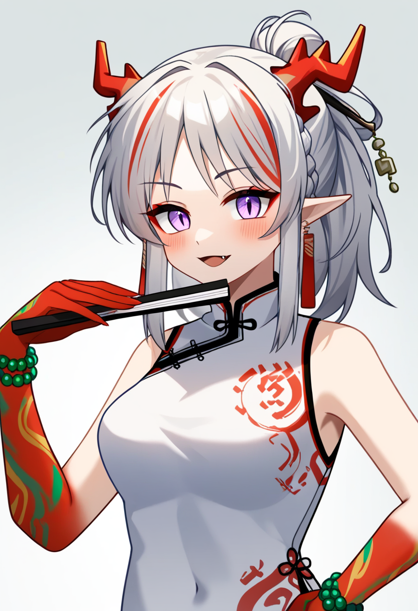 score_9,score_8_up,score_7_up,<lora:arknights_all_v4:1>,1girl, absurdres, bare_shoulders, blush, china_dress, commentary_request, fang_out, folded_fan, gradient_background, grey_background, hand_up, highres, holding_fan, horns, long_hair, looking_at_viewer, medium_breasts, nian_\(arknights\), nian_\(unfettered_freedom\)_\(arknights\), official_alternate_costume, pointy_ears, purple_eyes, skin_fang, sleeveless_dress, solo, streaked_hair, upper_body, white_dress, white_hair