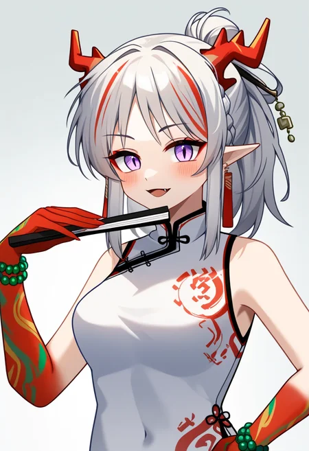 score_9,score_8_up,score_7_up,<lora:arknights_all_v4:1>,1girl, absurdres, bare_shoulders, blush, china_dress, commentary_request, fang_out, folded_fan, gradient_background, grey_background, hand_up, highres, holding_fan, horns, long_hair, looking_at_viewer, medium_breasts, nian_\(arknights\), nian_\(unfettered_freedom\)_\(arknights\), official_alternate_costume, pointy_ears, purple_eyes, skin_fang, sleeveless_dress, solo, streaked_hair, upper_body, white_dress, white_hair