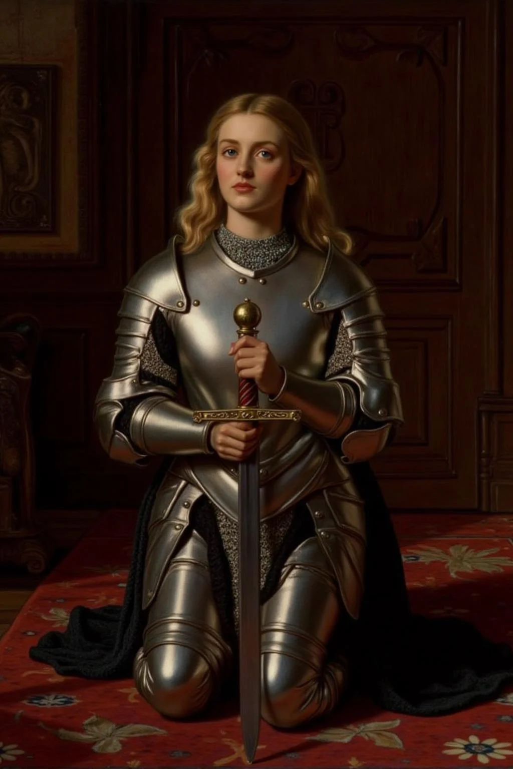 williamhhunt1 painting.
A young woman, facing directly at the viewer, is dressed in polished medieval armor, kneeling in a dimly lit, richly paneled room. she is holding a broadsword with both hands.
She gazes upward with a contemplative expression, her blonde, shoulder-length hair cascading down her back.
<lora:williamhhunt1_cap_d6a3e9:1.0><lora:838094930304973821:0>