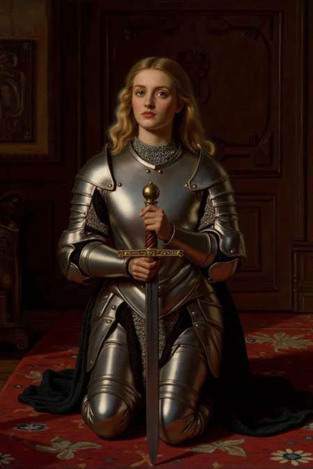 williamhhunt1 painting.
A young woman, facing directly at the viewer, is dressed in polished medieval armor, kneeling in a dimly lit, richly paneled room. she is holding a broadsword with both hands.
She gazes upward with a contemplative expression, her blonde, shoulder-length hair cascading down her back.
<lora:williamhhunt1_cap_d6a3e9:1.0><lora:838094930304973821:0>