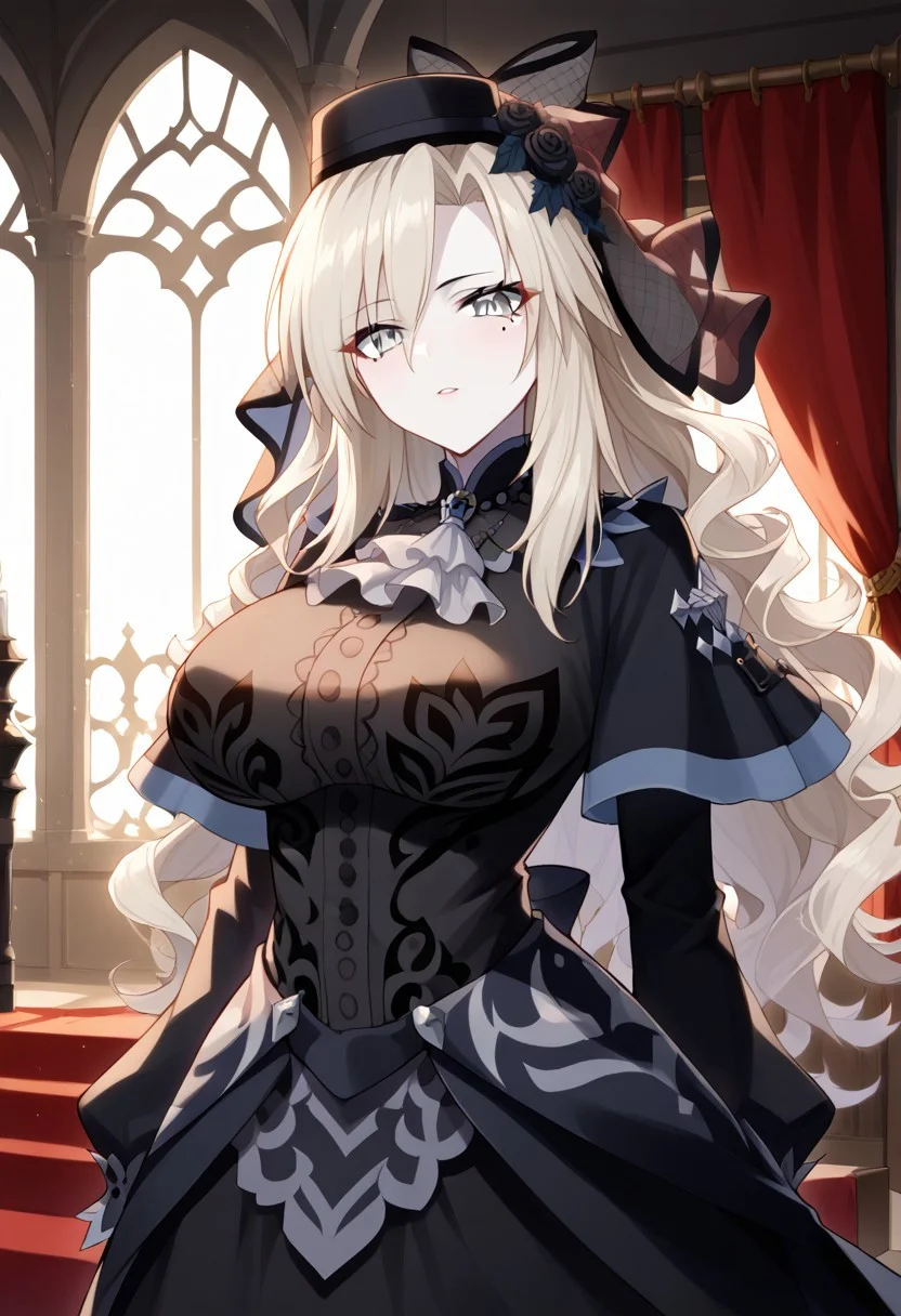 score_9, score_8_up, score_7_up, source_anime, Expressiveh, good_hands, best quality, masterpiece, newest, 4k, uncensored, prefect lighting, very aesthetic, indoors, medieval style bedroom, window, day, BREAK
1girl, solo, pale skin, grey eyes, grey hair, long hair, curly hair, mole under eye, makeup, hat, veil, rose, black dress, ascot, capelet, long skirt, <lora:Kriemhild:1>, large breasts, huge breasts, BREAK 
standing, looking at viewer,