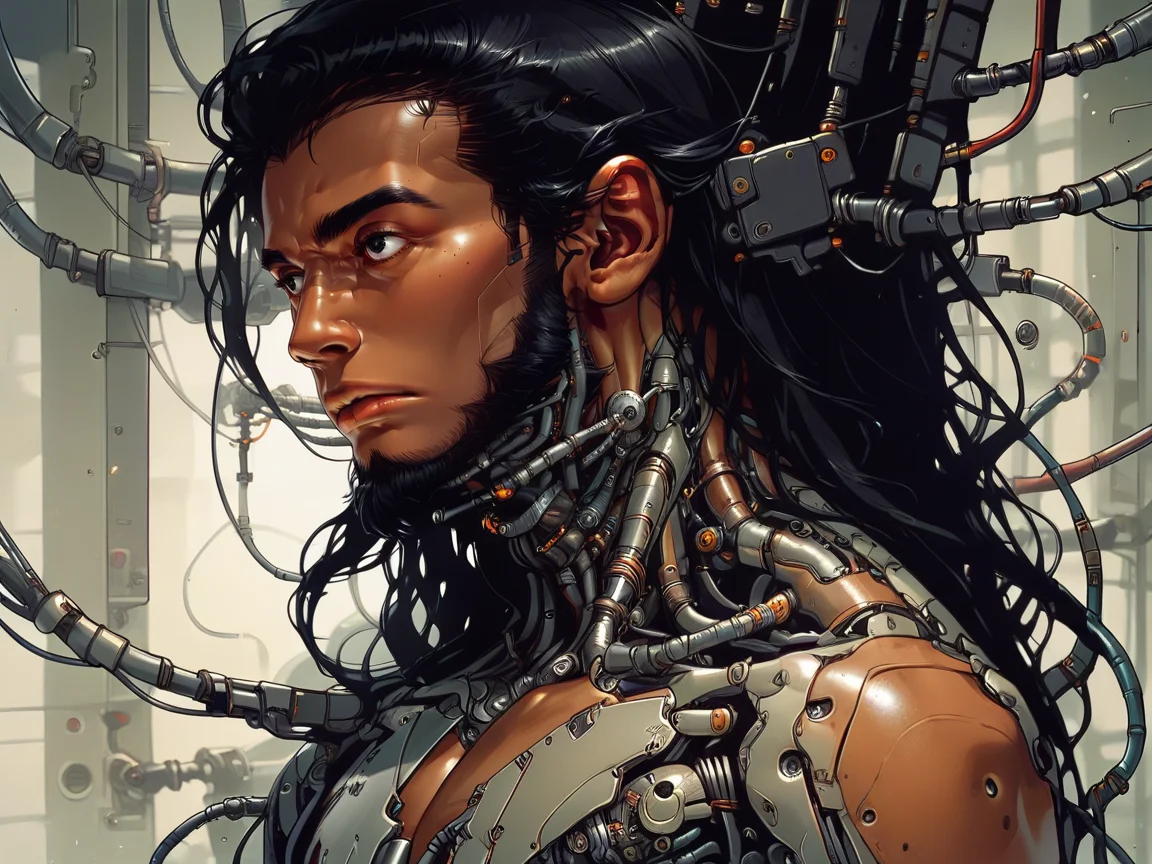 score_9, score_8_up, score_7_up, score_6_up,  <lora:cyb0rgXLP:0.8> cyb0rg, science fiction, cable, mechanical parts, (long hair), black hair, beard, tan skin, black eyes