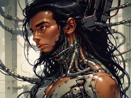 score_9, score_8_up, score_7_up, score_6_up, <lora:cyb0rgXLP:0.8> cyb0rg, science fiction, cable, mechanical parts, (long hair), black hair, beard, tan skin, black eyes