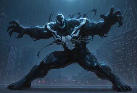 SuperiorVenom, symbiote, blacksuit, spider print, claws, day city, fight pose, full body, night city, fight pose, rain background, bara, big body, muscle
4k, best quality, solo, male, highly detailed, best quality