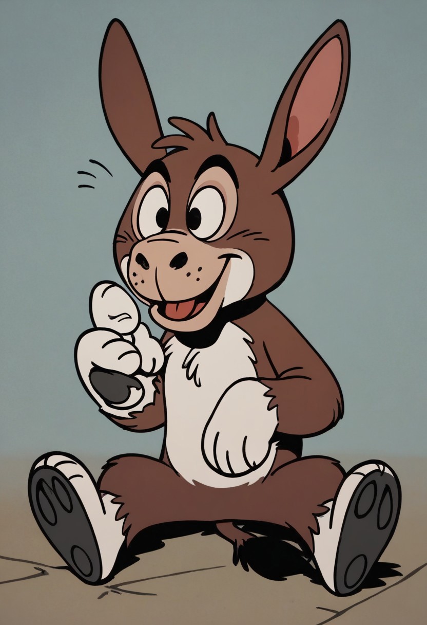 (score_9 | score_8_up | score_7_up) ((masterpiece:1))(best quality,very high quality,ultra detailed:1.2) (2D,cartoon style,anime style)(Smooth:2)(clean blurring) (four fingers on each hand,one thumb on each hand:1), solo, charles, dog, black spot on left eye, white fur, paw, dog paws, donkey dog hybrid, Full Donkey, half donkey, donkey head, donkey ears, donkey tail,
