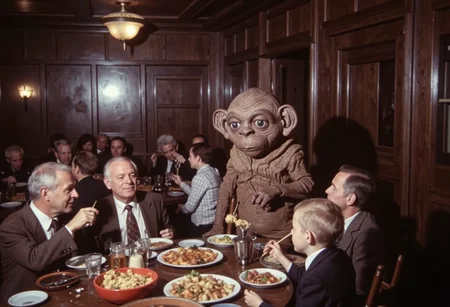old color photo, Nukie the knockoff alien goes to the dingey dark smorgasbord restaurant with low ceilings full of old people , analog, faded