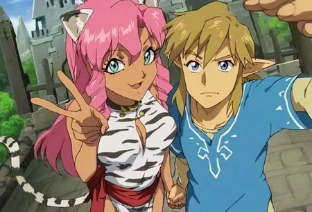 Pink_DragonPink, 1girl, sleeveless dress, white tiger print dress, pelvic curtain, cleavage, white tiger tail, red sash, small breasts, leather shoes, masterpiece, very aesthetic, cute expression <lora:pink-illustrious:1>,
Break
(anime, anime coloring:1.3),1boy,Anime screencap,link (zelda),blonde hair,blue eyes,pointy ears, wearing blue hyilian tunic,
Hyrule castle, castle gate, right in front of castle gate, selfie, couple, 1girl,1boy, pose,smile,v,stars, holding hands, dragonpink and link upper bodies in frame, smiling at each other