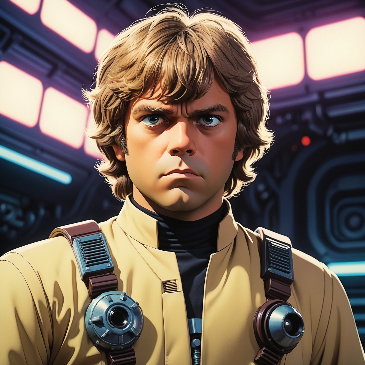 anime key visual, 70s Art, close-up shot of a Funky portly Luke Skywalker, >, his hair is Trendy, he has a Prussian Mechanical Body Parts, cinematic lighting, F/5, stylized by Studio Ghibli, Shinji Aramaki