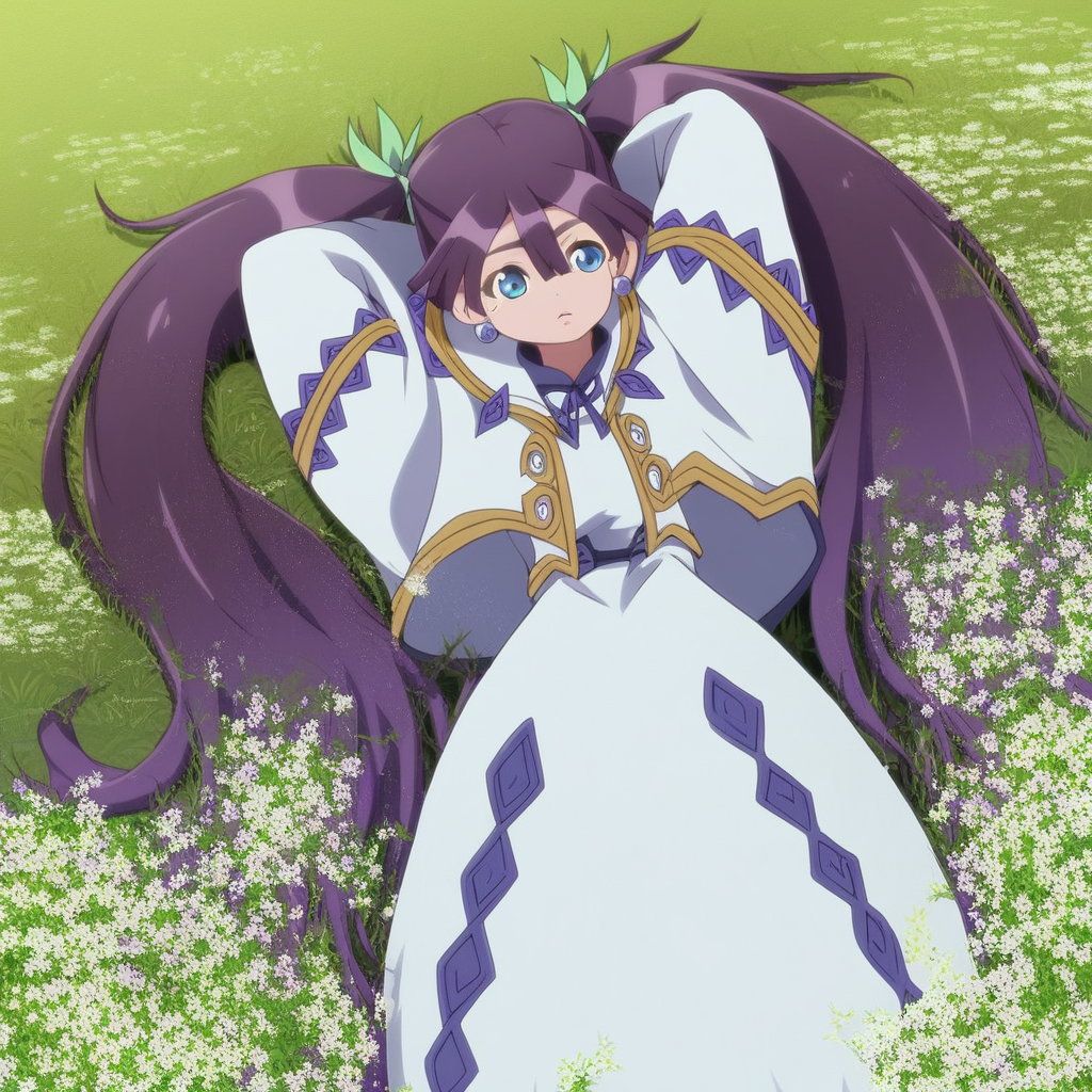 score_9, solo, alka, 1girl, twintails, long hair, purple hair, earrings, blue eyes, dress. on back, hands behind head, lying, grass, flowers, tree,