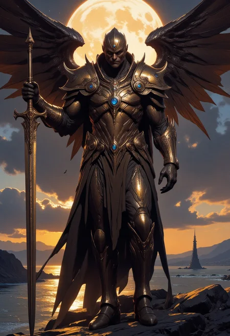 Neo Photorealistic Art, Emotional Photos, 35mm film, highly detailed, dark fantasy style. It features a powerful, angelic warrior with black wings standing in a desolate, otherworldly landscape. The warrior is clad in ornate, dark metallic armor with intricate designs, including a prominent chest plate adorned with a blue gemstone. The armor is black with hints of gold, and the helmet has a hood that conceals the face, giving a mysterious, intimidating aura. The warrior holds a long, ornate sword with a golden hilt in his right hand, resting on his shoulder. The background is a serene, twilight scene with a large, glowing sun positioned high in the sky, casting a warm, golden light that contrasts with the dark, ominous atmosphere. The landscape consists of a vast, dark ocean with gentle waves and distant, silhouetted mountains. Small, dark islands or rock formations are scattered across the water, adding to the eerie, isolated feel of the scene. The overall color palette is dominated by dark blues, blacks, and grays, with the golden light from the celestial body providing a focal point and a sense of hope amidst the gloom. The artwork captures a sense of both power and melancholy, blending elements of fantasy and mythology. white sphere on the background