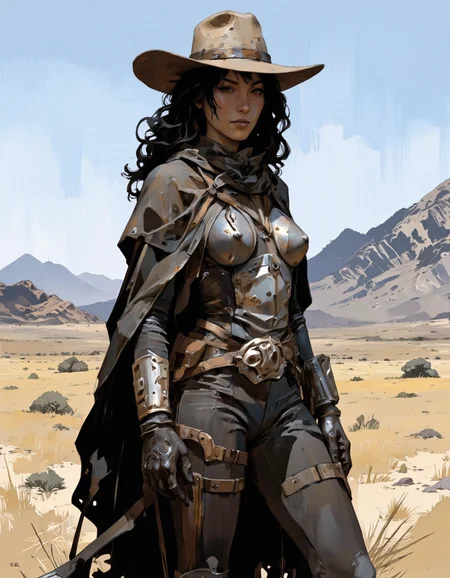 IllusFactor1. A digital illustration shoot from the side about a female character in a desert setting, wearing a cowboy hat and a dark cloak with intricate armor details, standing confidently in the middle of the image. the character, a dark-skinned woman with long, wavy black hair, appears to be in her mid-twenties, with a confident expression on her face. she is wearing a brown cowboy hat, black gloves, and black pants, and has a gun holster on her waist. her outfit is completed with a black cloak that is draped over her shoulders, and she is standing in a dry grassy field with mountains in the background, under a clear blue sky. the style is realistic with a touch of fantasy, and the image is signed "lordparallax" in the bottom right corner.
