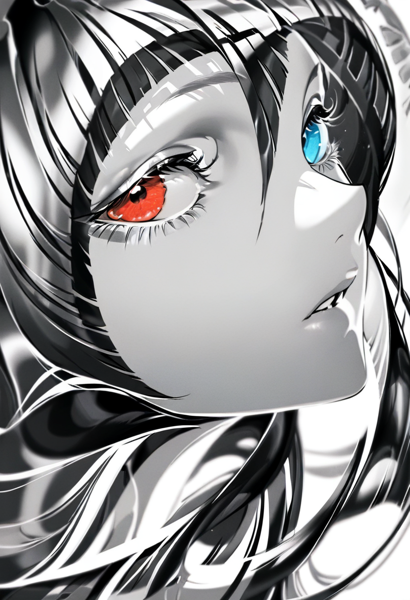 1girl, solo, spot color, looking at viewer, red eyes, long hair, bangs, parted lips, blue eyes, monochrome, portrait, eyelashes, greyscale <lora:yoneyamaiXL_NBVP1_lokr_V6311P:0.95>