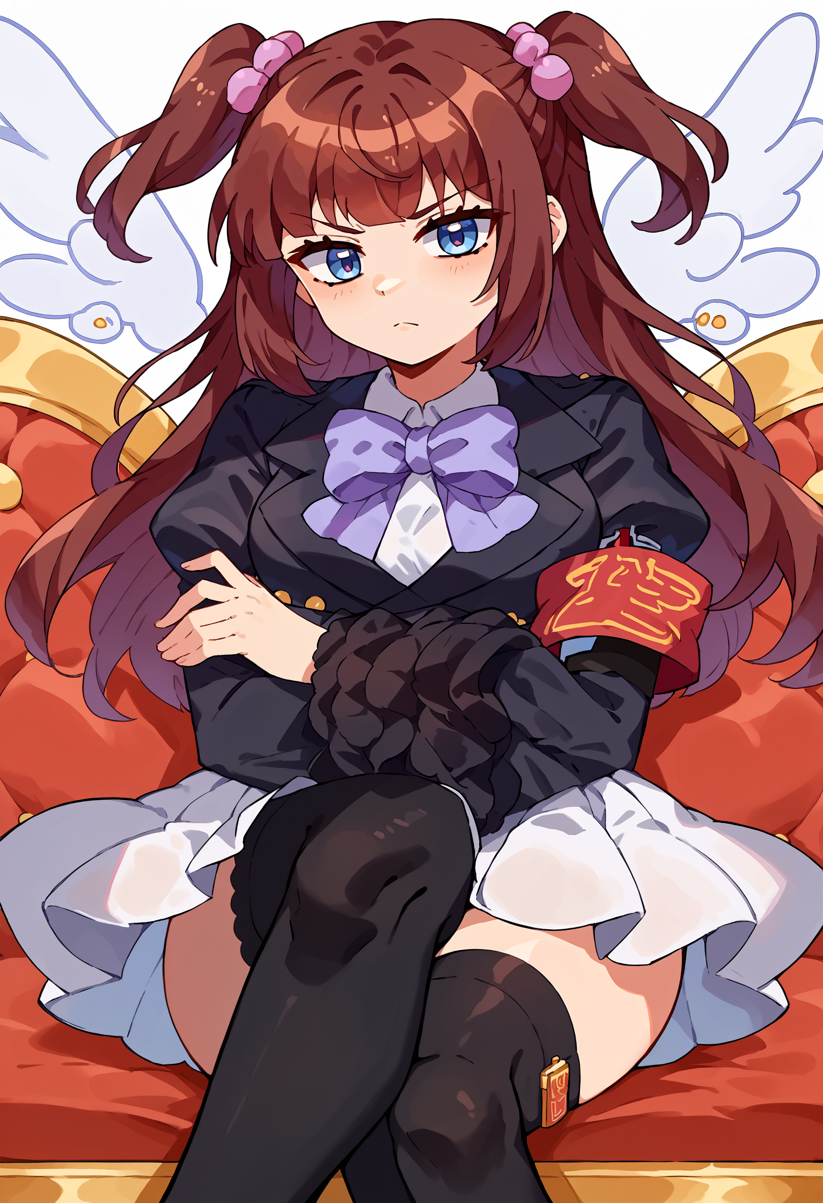score_9, score_7_up, source_anime, BREAK  <lora:Ange 4:1> Ange, brown hair, two side up, blue eyes, white shirt, purple bow, black jacket, single armband, black belt, white skirt, frilled sleeves, black thighhighs, crossed legs, crossed arms, solo, <lora:Momoiiroo_Art_Style_PonyXL:1> momoiiroo,