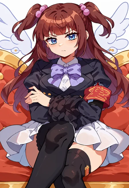 score_9, score_7_up, source_anime, BREAK <lora:Ange 4:1> Ange, brown hair, two side up, blue eyes, white shirt, purple bow, black jacket, single armband, black belt, white skirt, frilled sleeves, black thighhighs, crossed legs, crossed arms, solo, <lora:Momoiiroo_Art_Style_PonyXL:1> momoiiroo,