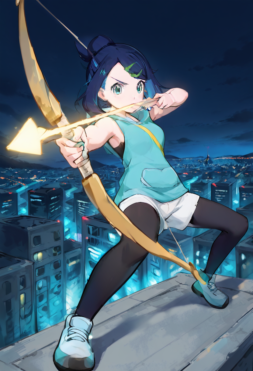masterpiece, best quality,   zzArrow, zzAtU,    zzLikoMV, sleeveless hoodie, bow and arrow, city rooftop, aiming, neon lights, night sky, turquoise eyes, focused expression, blue hair, urban setting, full body, cityscape, determined pose, dynamic, action shot   ,<lora:LikoMegaVoltagePokemon_IXL:1.0>,  ,(dynamic pose, foreshortening),  ,<lora:ZZArrow_IXL:1.0>,