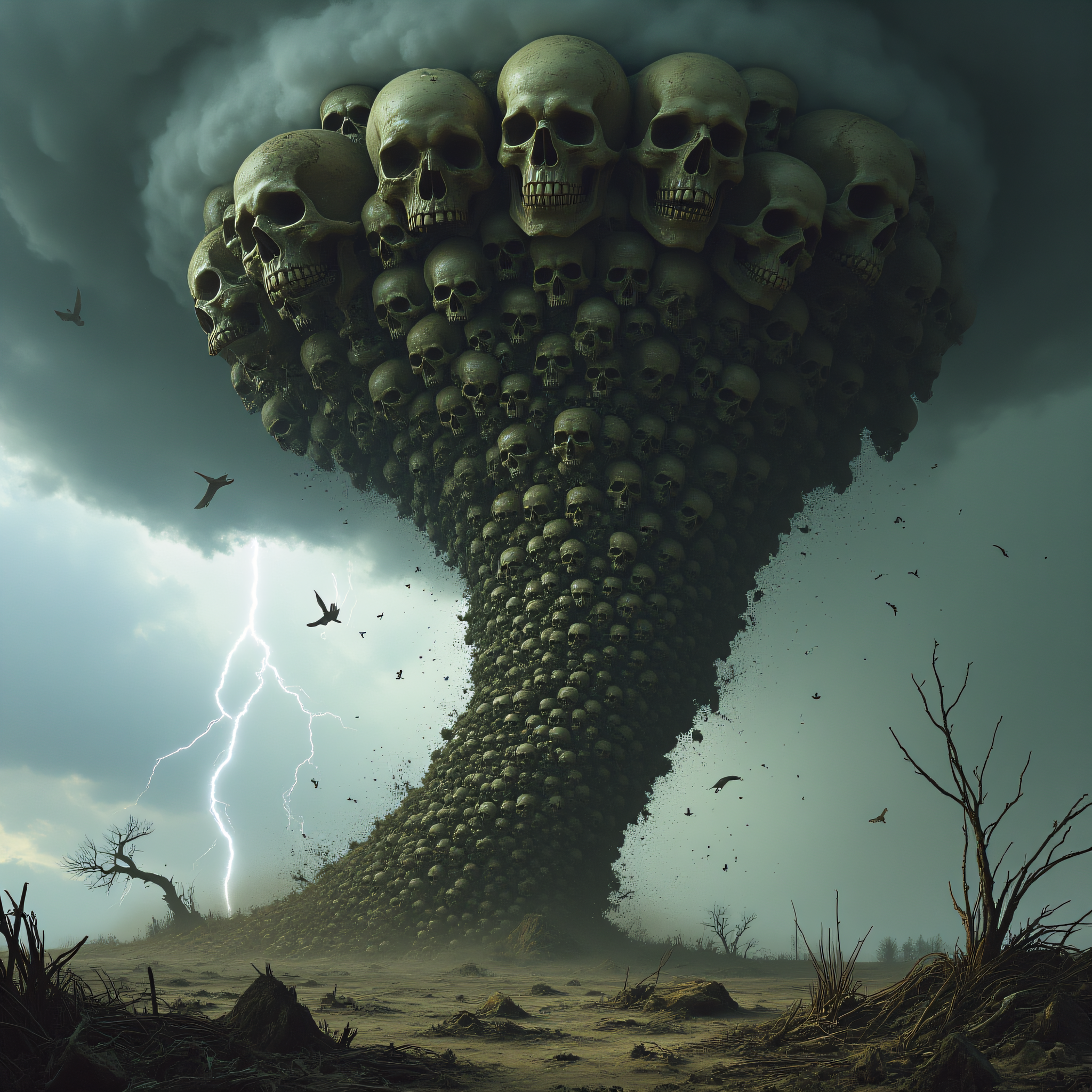 A massive, swirling tornado made entirely of skulls dominates the sky. The skulls range in size, from human-sized to much larger, twisting and churning as they form the shape of a deadly cyclone. The eye of the storm is eerily calm, but within the vortex, the skulls rotate in a chaotic dance, some grinning menacingly while others appear weathered and cracked. The dark storm clouds above blend with the grayish tones of the skulls, while occasional flashes of lightning illuminate the sinister scene. Debris and dirt are caught in the lower part of the tornado, adding to the sense of destruction as the skull-tornado looms over a devastated landscape, with a bad quality sharpness to the photo, on flickr in 2007, 2005 blog, 2007 blog