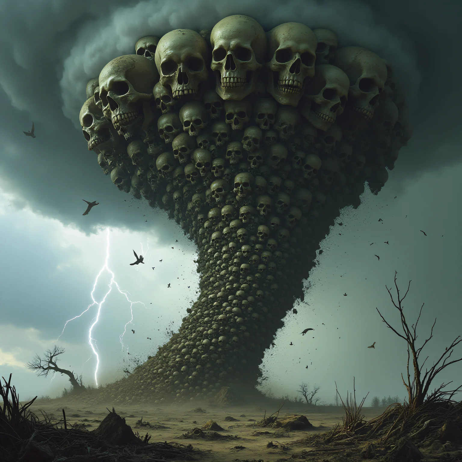 A massive, swirling tornado made entirely of skulls dominates the sky. The skulls range in size, from human-sized to much larger, twisting and churning as they form the shape of a deadly cyclone. The eye of the storm is eerily calm, but within the vortex, the skulls rotate in a chaotic dance, some grinning menacingly while others appear weathered and cracked. The dark storm clouds above blend with the grayish tones of the skulls, while occasional flashes of lightning illuminate the sinister scene. Debris and dirt are caught in the lower part of the tornado, adding to the sense of destruction as the skull-tornado looms over a devastated landscape, with a bad quality sharpness to the photo, on flickr in 2007, 2005 blog, 2007 blog