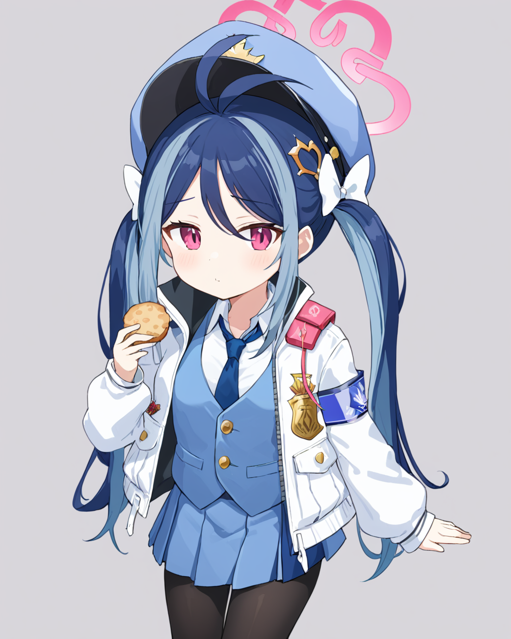 fubuki \(blue archive\),1girl, halo, solo, twintails, hat, necktie, badge, blue_vest, white_background, simple_background, blue_headwear, looking_at_viewer, police_uniform, holding_food, eating, white_jacket, white_bow, blue_skirt, long_sleeves, black_pantyhose, hair_bow, food_on_face
<lora:fubuki_(blue_archive)_image542_2023-11-26-000015:1>halo. gorgeous,key visual, vibrant, studio anime,award-winning, professional, highly detailed,high budget, cinemascope