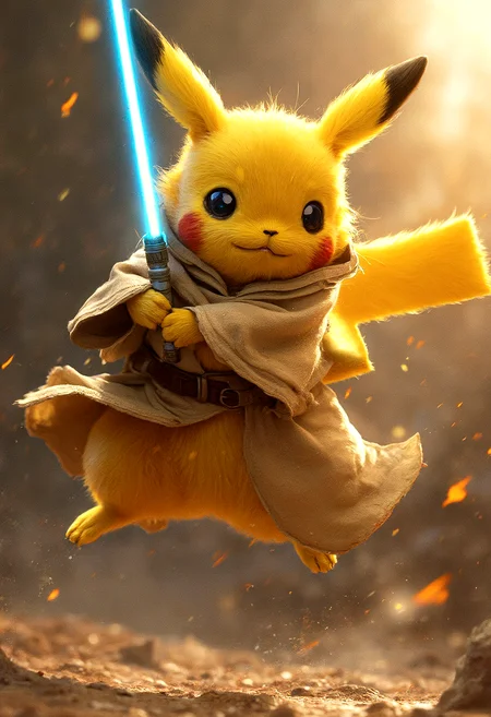 photorealistic Pikachu cosplaying as Luke Skywalker, wearing detailed Jedi robes, leaping in the air, lightsaber ignited, midday bright sunlight casting sharp shadows, ultra-high-definition textures, cinematic composition, glowing lightsaber, high contrast lighting, intricate details in the robes, focused and intense expression, dynamic action pose, vibrant colors, realistic fur texture, sharp details in the motion blur, energetic atmosphere, sunlit background, realistic shadows, intense battle scene