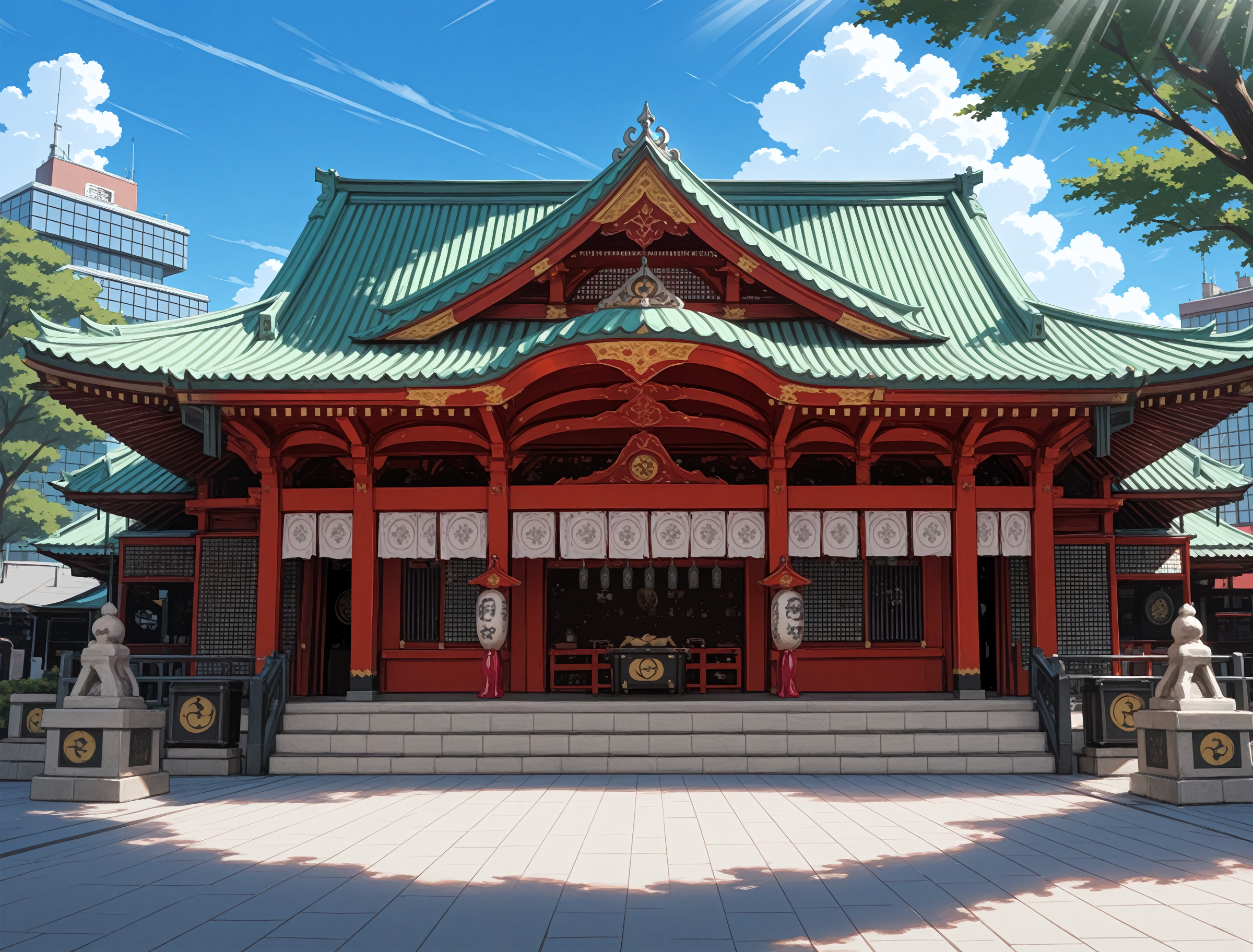 <lora:Kandamyojin-IllustriousXLV01-V1:1>
masterpiece, very aesthetic, absurdres, best quality, newest, perfect anatomy, perfect lighting, anime coloring BREAK
(sparkle, light particles:0.6), light rays, rim lighting BREAK
no humans BREAK
(kandamyojin, kanda jinja, tokyochiyoda shrine), building, tree, day, blue sky, cloud