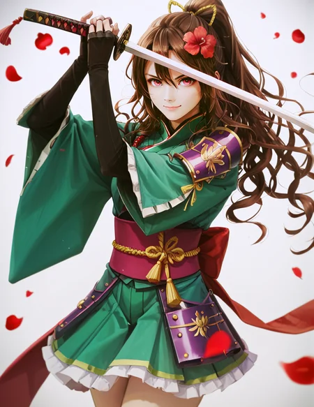 score_9, score_8_up, score_7_up, 
high guard sword parry stance, 1girl,solo,long hair,looking at viewer,smile,bangs,skirt,brown hair,hair ornament,red eyes,gloves,long sleeves,hair between eyes,closed mouth,standing,jacket,ponytail,flower,sidelocks,cowboy shot,pleated skirt,frills,japanese clothes,black gloves,elbow gloves,hair flower,miniskirt,wide sleeves,fingerless gloves,pink eyes,kimono,grey background,armor,blurry,v-shaped eyebrows,gradient,hands up,sash,petals,gradient background,floating hair,depth of field,wavy hair,obi,border,white skirt,katana,frilled skirt,high ponytail,letterboxed,red flower,shoulder armor,tassel,ribbon trim,light particles,ribbon-trimmed sleeves,pauldrons,high collar,blurry foreground,>:),japanese armor,green kimono,falling petals,sode,uneven gloves,single pauldron,two-handed,camellia
 <lora:high_guard_sword_parry_stance:0.8>