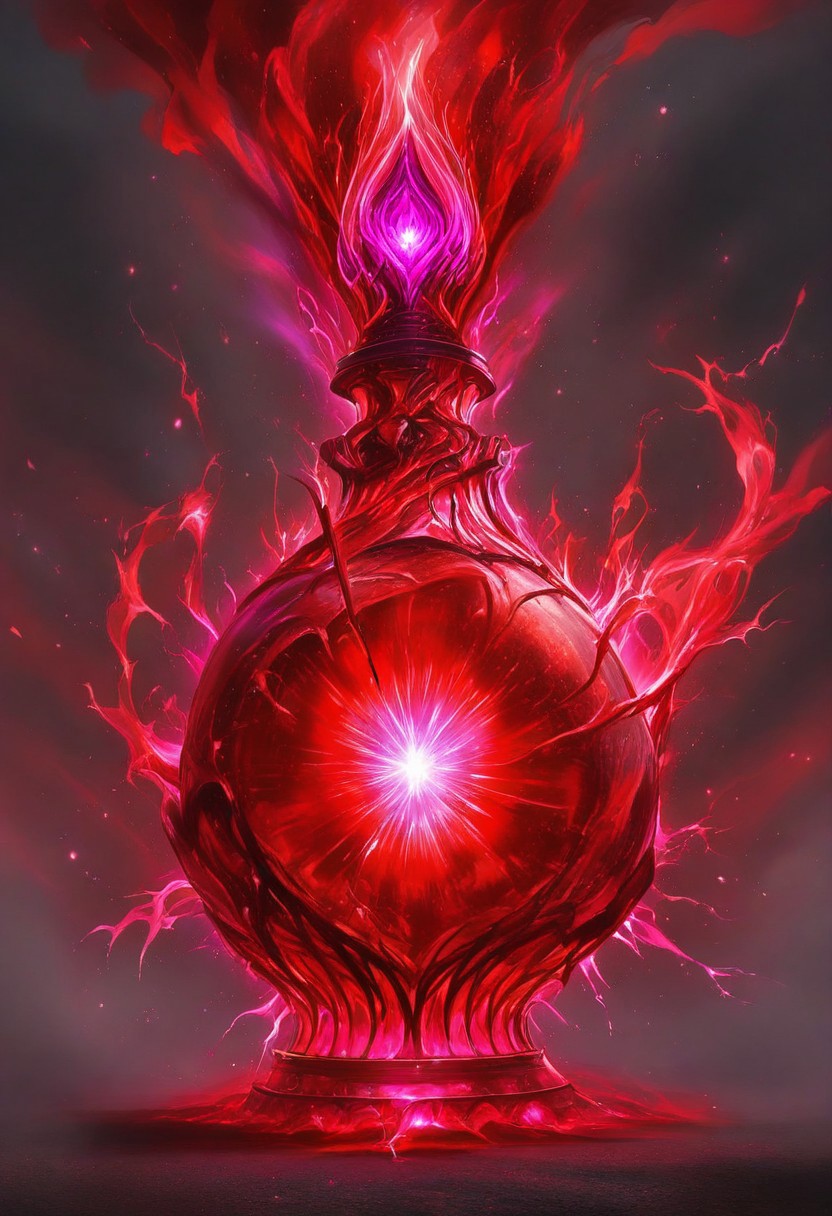 Score_9, Score_8_up, Score_7_up, Score_6_up, Score_5_up, Score_4_up, high_def, highest quality, 4k, best quality, masterpiece, no humans, object focus, focused, defined, (Photorealistic magic potion:1.3), intricate glass bottle, elixir, red colors, grey colors, black gues , bubbling, ethereal light, flashy lights, magic lights, luminous, dynamic reflections, magical aura, highly detailed, fantasy essence, glowing particles, radiant aura, A3THER, no humans