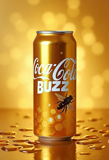 a gold soda can of Coca-Cola Buzz in white text with bee and honey in a gold background,