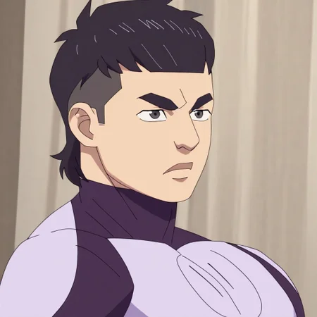 multi paul, short black hair and gray eyes, suit with two shades of purple and with a numerical emblem, muscle,perfect face and eyes,masterpiece, best quality, newest, absurdres, highres, male, bara, male focus, , 1boy