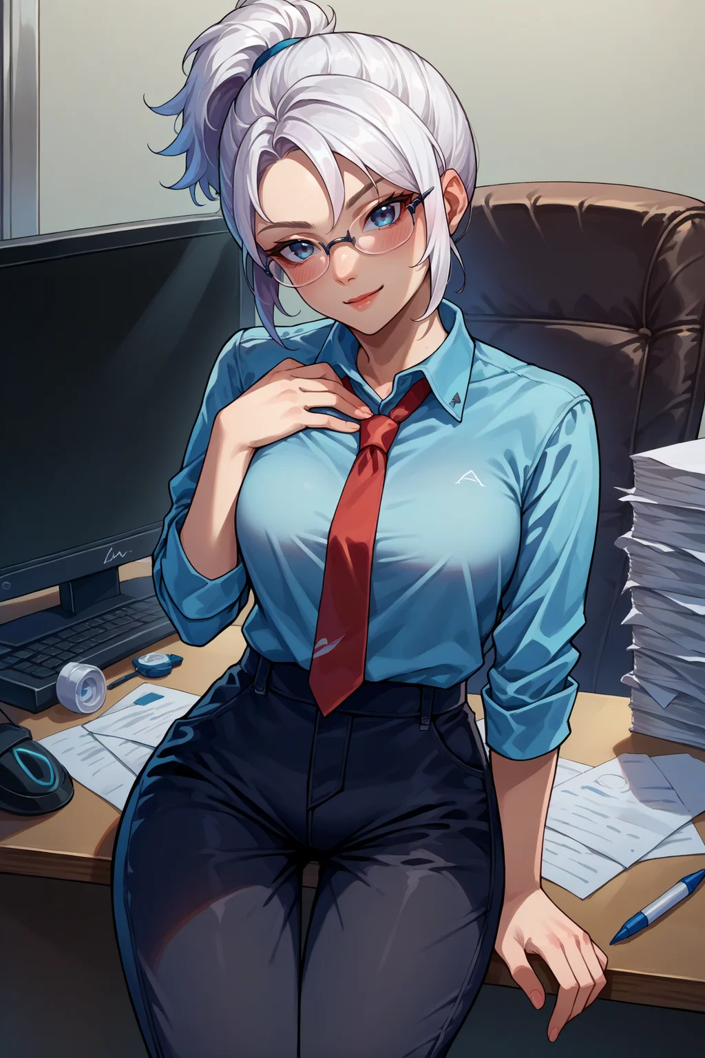 score_9, score_8_up, score_7_up, score_6_up, source_anime, 1girl, solo <lora:valorantjett-pdxl-nvwls-v1-000005:1> valJett, white hair, short ponytail, grey eyes, blue eyes, white shirt, collared shirt, red necktie, medium breasts, black pants, hand on own chest, office, glasses, looking at you, smile, blush