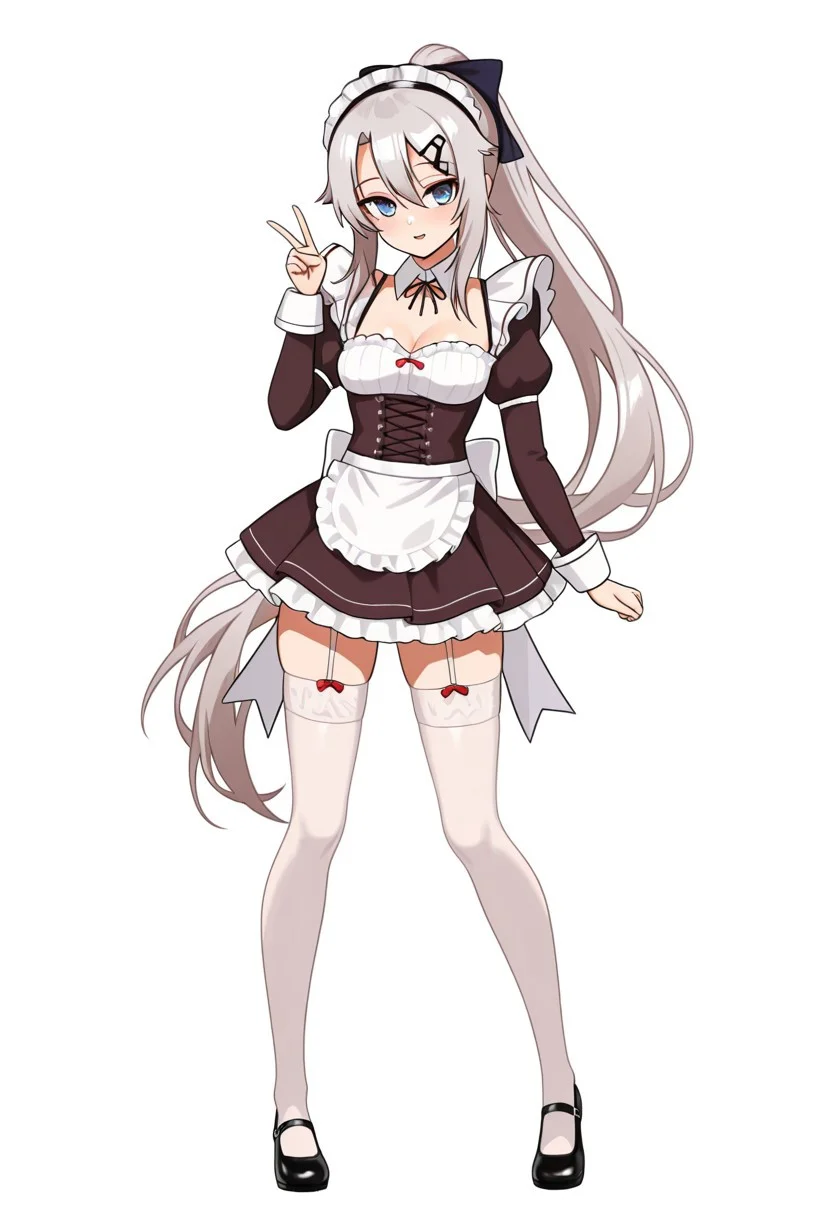 (9a-91 \(girls' frontline\), blue eyes, long hair, very long hair, silver hair, hair between eyes, hair ornament, star hair ornament), (ponytail, hair bow, hairclip, maid headdress, maid, detached collar, cleavage, waist apron, frills, long sleeves, garter straps, white thighhighs), (standing, V sign, peace sign, looking at viewer), simple background, white background, cute, pretty, BREAK (score 9, score 8 up, score 7 up, source anime), (score_9, score_8 up, score_7 up, source_anime), (masterpiece, best quality, high quality, absurdres, absolutely resolution, incredibly absurdres, high res image, 8K),