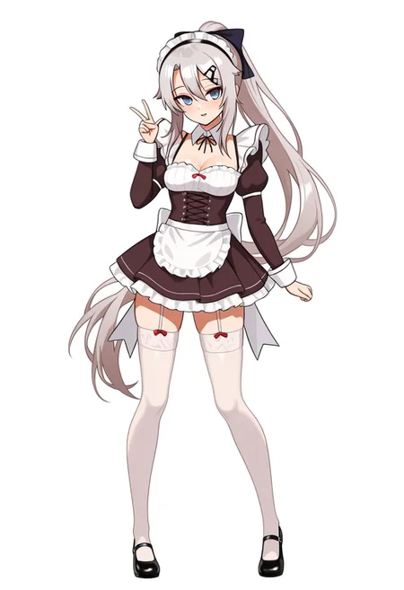 (9a-91 \(girls' frontline\), blue eyes, long hair, very long hair, silver hair, hair between eyes, hair ornament, star hair ornament), (ponytail, hair bow, hairclip, maid headdress, maid, detached collar, cleavage, waist apron, frills, long sleeves, garter straps, white thighhighs), (standing, V sign, peace sign, looking at viewer), simple background, white background, cute, pretty, BREAK (score 9, score 8 up, score 7 up, source anime), (score_9, score_8 up, score_7 up, source_anime), (masterpiece, best quality, high quality, absurdres, absolutely resolution, incredibly absurdres, high res image, 8K),