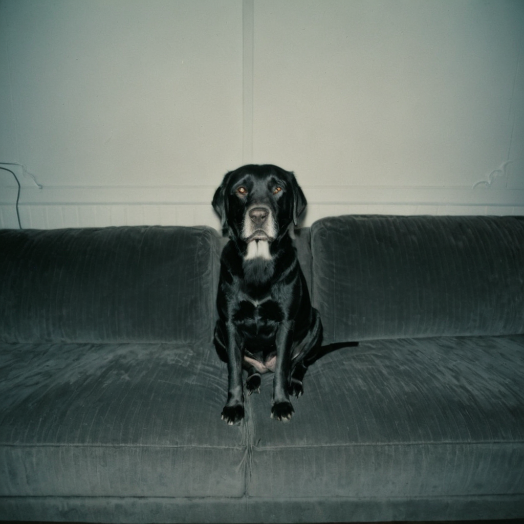 polaroid film photography, faded film, soft focus, black lab sitting on a couch
