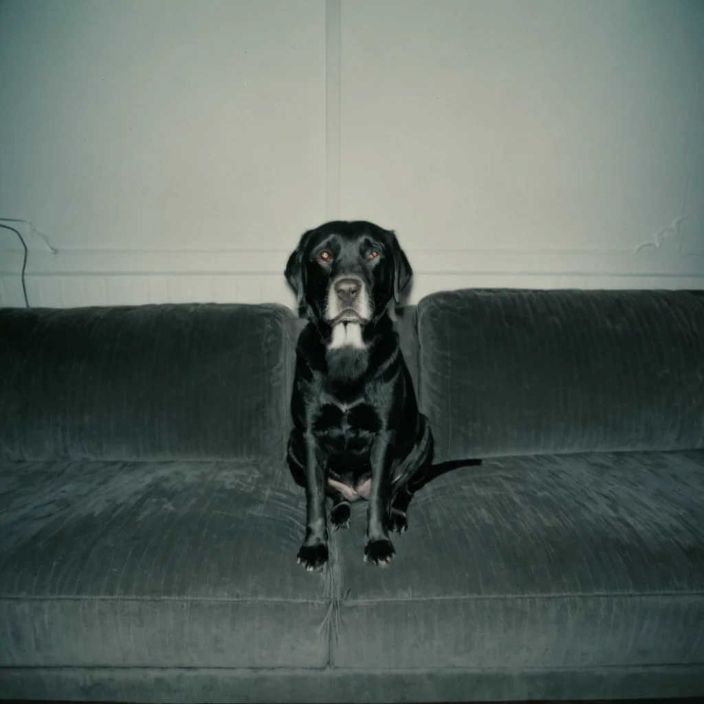 polaroid film photography, faded film, soft focus, black lab sitting on a couch